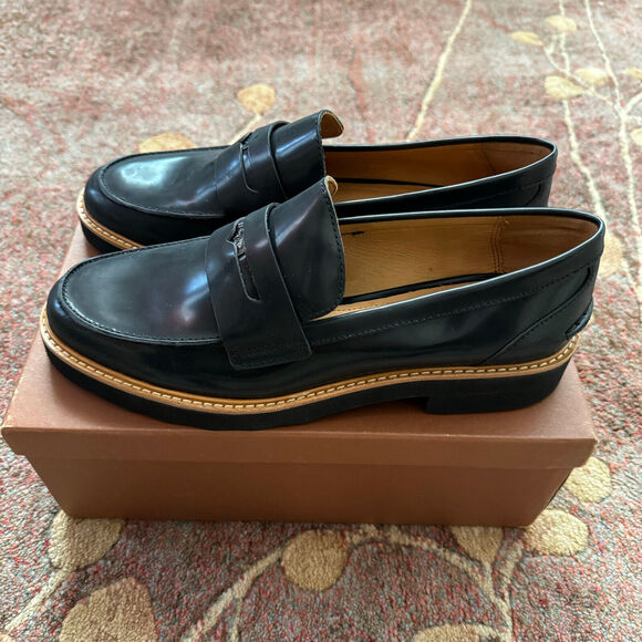 Coach Ida Black Brown Slip On Leather Loafers Heels Womens Size 9.5 M A7923 New - Picture 1 of 7